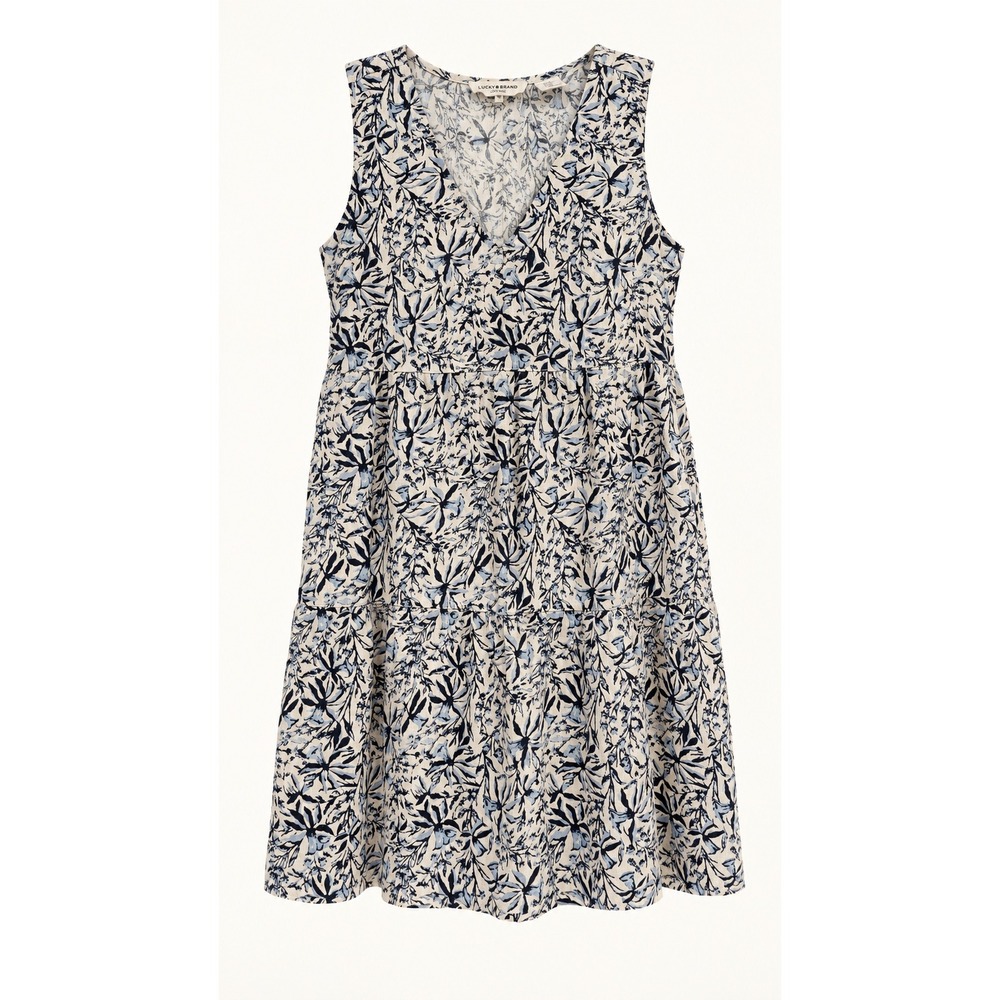 Lucky Brand Dress XS Blue White Floral 100% Linen Tiered V Neck Sleeveless Mini